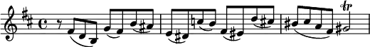 {
    \relative c' {
        \set Score.tempoHideNote = ##t \tempo 4 = 96
        \time 4/4 \key b \minor
        r8 fis( d b) g'( fis) b( ais)
        e( dis) c'( b) fis( eis) d'( cis!) bis(
        cis( a fis) gis2\trill
    }
}