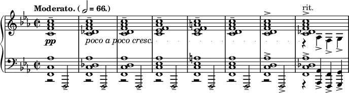 \layout {
    #(set-global-staff-size 14)
}
\parallelMusic voiceA, voiceB, voiceC {
	<c f aes c>1^\tenuto |
	<f, c' aes'>1 |
	r2 f-- |
	<c des f aes c>1^\tenuto |
	<f c' des aes'>1 |
	r2 f-- |
	<c d f aes c>1^\tenuto |
	<f c' d aes'>1 |
	r2 f-- |
	<c ees f aes c>1^\tenuto |
	<f c' ees aes>1 |
	r2 f-- |
	<c ees f a c>1^\tenuto |
	<f c' ees a>1 |
	r2 f-- |
	<c d f aes c>1^\tenuto |
	<f c' ees aes>1 |
	r2 f-- |
	<c d f aes c>1^\accent |
	<f c' d aes'>1-> |
	r2 f-> |
}
\relative c {
	\new PianoStaff <<
		\new Staff {
            \set Score.tempoHideNote = ##t
            \tempo \markup { Moderato. (\note {2} #1 = 66.) } 4 = 66
            \key c \minor
	        \time 2/2
			<<
				\relative c' \voiceA
			>>
			<<
				\relative c' {<c des f aes c>1->}^"rit."
				\\
				\relative c' {r4 aes-> f-> g->}
			>>
		}
		\new Dynamics {
			s1\pp |
			\set crescendoText = \markup { \italic { poco a poco cresc. } }
			\set crescendoSpanner = #'text
			\override DynamicTextSpanner.style = #'dotted-line
			s1\< |
			s1 | s1| s1 | s1 | s1 | s1\!
		}
		\new Staff {
			\key c \minor
	        \time 2/2
            \clef bass
			<<
				\relative c \voiceB
				\\
				\stemUp
				\relative c,, \voiceC
			>>
			<<
				\relative c, {<f c' des aes'>1->}
				\\
				\stemUp
				\relative c, {r4 <aes aes'>-> <f f'>-> <g g'>->}
			>>
		}
	>>
}