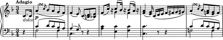 \new PianoStaff <<
\new Staff \relative c' {
\tempo "Adagio"
\key f \major \time 3/4
\partial 4 c8._\markup { \italic dolce } c16 |
\once \override Script.X-offset = 2.75
\once \override Script.Y-offset = 2.75
a'4\turn( \slashedGrace c8 bes a g f) |
f4( e8)\noBeam c( <b d> <bes e>) |
f'8( c'16) r << { c8( bes16) b\rest bes8( a16) b\rest } \\ { g4 f } >> |
<f a>4( <e g>16)\noBeam c( d e f fis g gis) |
\once \override Script.X-offset = 2.75
\once \override Script.Y-offset = 2.75
a4\turn( \slashedGrace c8 bes <a f!> <g e> f) |
}
\new Dynamics { s4 | s2.\p }
\new Staff \relative c' {
\key f \major \clef bass
r4 |
<< { c4( d8 c bes a) | a4( g8) } \\ { f2 f4 | c4. } >> r8 r4 |
<a' c>4 <e c'> <f c'> |
<c c'>4. r8 r4 |
<< { c'4( d8 c bes a) } \\ { f!2 f4 } >>
}
>>