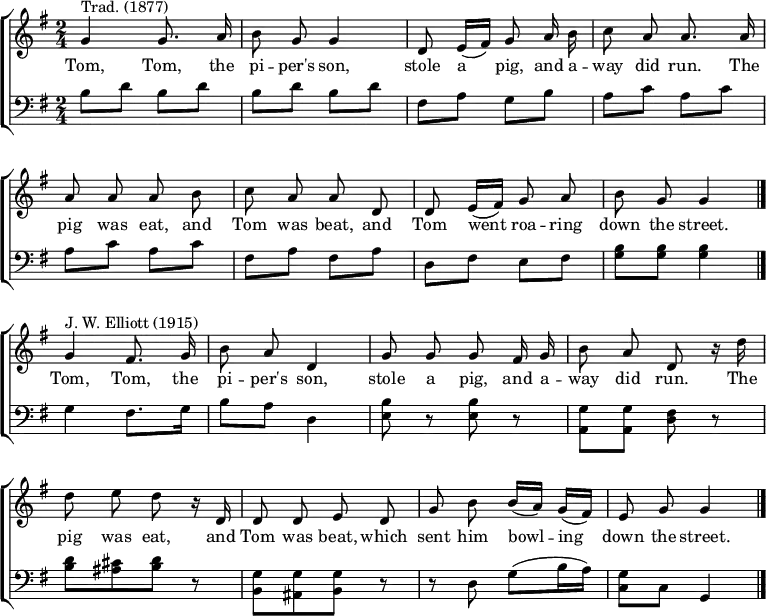 
\header { tagline = ##f }
\layout { indent = 0
  \context { \Score \remove "Bar_number_engraver" }
  \context { \Voice \remove "Dynamic_engraver" }
}

global = { \key g \major \time 2/4 }

melody = \relative c'' { \global \autoBeamOff \set midiInstrument = "clarinet"
  g4^"Trad. (1877)" g8. a16 | b8 g g4 | d8 e16 ([fis]) g8 a16 b | c8 a a8.
  a16 | a8 a a b | c a a d, | d e16 ([fis]) g8 a | b g g4 \bar "|." \break
  \tag #'pause { R1 }
  g4^"J. W. Elliott (1915)" fis8. g16 | b8 a d,4 | g8 g g fis16 g | b8 a d, r16
  d' | d8 e d r16 d, | d8 d e d | g b b16 ([a)] g ([fis]) | e8 g g4 \bar "|."
}

verse = \new Lyrics \lyricmode {
  Tom, Tom, the pi -- per's son,
  stole a pig, and a -- way did run.
  The pig was eat, and Tom was beat,
  and Tom went roa -- ring down the street.

  Tom, Tom, the pi -- per's son,
  stole a pig, and a -- way did run.
  The pig was eat, and Tom was beat,
  which sent him bowl -- ing down the street.
}

classicalGuitar = \relative c' { \global \clef bass \set midiInstrument = "acoustic guitar (nylon)"
  b8\pp d b d | b d b d | fis, a g b | a c a c |
  a c a c | fis, a fis a | d, fis e fis | <b g> <b g> <b g>4 \bar "|." \break
  \tag #'pause { R1 }
  g4 fis8. g16 | b8 a d,4 | <b' e,>8 r <b e,> r | <g a,> <g a,> <fis d> r |
  <d' b> [<cis ais> <d b>] r | <g, b,> [<g ais,> <g b,>] r | r d g (b16 a) | <g c,>8 c, g4 \bar "|."
}

\score { \new ChoirStaff \removeWithTag #'pause
  <<
    \new Staff \melody \addlyrics \verse
    \new Staff \classicalGuitar
  >>
  \layout { }
}
\score { << \melody \\ \classicalGuitar >>
  \midi { \tempo 4=108
    \context { \Score midiChannelMapping = #'instrument }
    \context { \Staff \remove "Staff_performer" }
    \context { \Voice \consists "Staff_performer" }
  }
}
