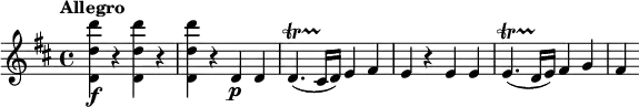 \relative c' {
  \tempo "Allegro"
  \key d \major
  <d d' d'>4\f r q r |
  q4 r d\p d |
  d4.\startTrillSpan( cis16\stopTrillSpan d) e4 fis |
  e4 r e e |
  e4.\startTrillSpan( d16\stopTrillSpan e) fis4 g |
  fis4
}