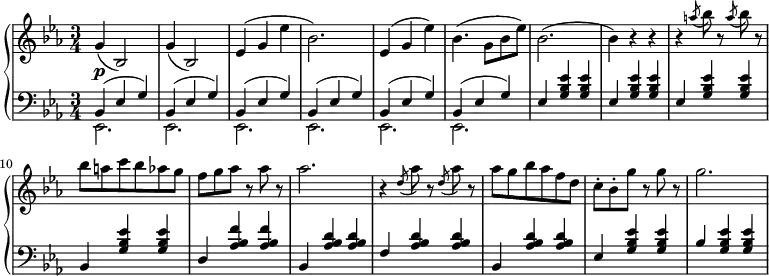 \relative c' {
\new PianoStaff <<
\new Staff { \key c \minor \time 3/4
g'( bes,2) | g'4( bes,2) | ees4( g ees' | bes2.) | ees,4( g ees') | bes4.( g8 bes ees) | bes2.( | bes4) r r r \slashedGrace a'8( bes) r \slashedGrace a( bes) r bes8 a c bes aes g f g aes r aes r aes2. r4 \slashedGrace d,8( aes') r \slashedGrace d,( aes') r aes8 g bes aes f d c-. bes-. g' r g r g2.
}
\new Dynamics {
s\p
}
\new Staff { \key c \minor \time 3/4 \clef bass
<<
{ bes,,,4( ees g) bes,( ees g) bes,( ees g) bes,( ees g) bes,( ees g) bes,( ees g) ees <g bes ees> <g bes ees> ees <g bes ees> <g bes ees> ees <g bes ees> <g bes ees> bes, <g' bes ees> <g bes ees> d <aes' bes f'> <aes bes f'> bes, <aes' bes d> <aes bes d> f <aes bes d> <aes bes d> bes, <aes' bes d> <aes bes d> ees <g bes ees> <g bes ees> bes <g bes ees> <g bes ees> }
\\
{ ees,2. ees ees ees ees ees }
>>
}
>>
}