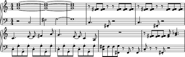 \header { tagline = ##f }
\paper {
  system-system-spacing = #'((basic-distance . 1) (padding . 1))
}
\layout {  indent = 0 \context {\Score \remove "Bar_number_engraver" } }
global = { \key c \major \numericTimeSignature \time 4/4 }
right = \relative c'' { \global
  <e c g>1~ | <e c g>1~ | <e c g>1 |
  \repeat unfold 2 {r8 <e, fis> <e fis> r r <e fis> <e fis> <e fis> | }
  c4. e8~ e fis4 a8 |
  g4. e8~ e c4 a8 |
  R1 | r8 <e' fis> <e fis> <e fis> <e g> <g bes>4. |
}
left = \relative c { \global
  r2 c2 | fis g~ | g1 |
  \repeat unfold 2 { c,4. fis,8-. r2 | }
  \repeat unfold 4 { \stemDown c'8-. g'-. g,-. g'-. }
  <fis c> fis fis <g fis,> r \stemNeutral fis, r fis |
  c'-. r r fis,-. r2 |
}
\score {
  \new PianoStaff <<
    \new Staff = "right" \right
    \new Staff = "left" { \clef bass \left }
  >>
  \layout { }
  \midi {
    \tempo 4=172
  }
}