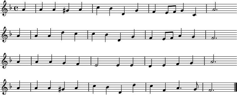 \transpose c bes,
\new Staff <<
\clef treble \key g \major {
      \time 4/4 \partial 4     
      \relative g' {
	b4 | b b ais b | d c e, a | g fis8 g a4 d, | b'2. \bar"" \break 
        b4 | b b e d | d c e, a | g fis8 g b4 a | g2. \bar"" \break 
        b4 | b b a g | fis2 fis4 fis | e fis g a | b2. \bar"" \break
        b4 | b b ais b | d c e, e' | d g, b4. a8 | g2. \bar"|."
      }
    }
%\new Lyrics \lyricmode {
%}
>>
\layout { indent = #0 }
\midi { \tempo 4 = 80 }