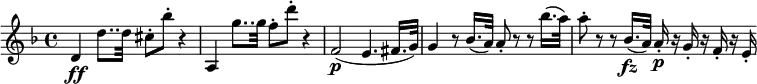 \relative d' { \key d \minor \time 4/4
d4 \ff d'8.. d32 cis8-. bes'-. r4 | a,,4 g''8.. g32 f8-. d'-. r4
f,,2( \p e4. fis16. g32) | g4 r8 bes16.( a32) a8-. r r bes'16.( a32)
a8-. r r bes,16.( \fz a32) a16-. \p r g-. r f-. r e-.
}
\layout { \context {\Score
  \override SpacingSpanner.common-shortest-duration = #(ly:make-moment 1/8) } }