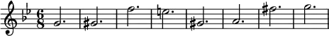 {
    \relative c'' {
        \time 6/8 \key bes \major
        g2. gis f' e gis, a fis' g
    }
}