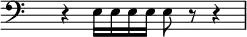 
    \relative c {
        \clef bass \time 4/4 \hide Staff.TimeSignature
         r4 e16 e16 e16 e16 e8 r8 r4
    }

