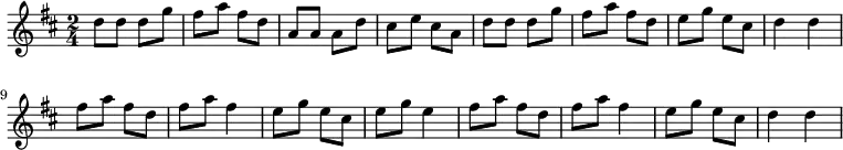 {
  \key d \major
  \time 2/4
  d''8 d''8 d''8 g''8 fis''8 a''8 fis''8 d''8 a'8 a'8 a'8 d''8 cis''8 e''8 cis''8 a'8 d''8 d''8 d''8 g''8 fis''8 a''8 fis''8 d''8 e''8 g''8 e''8 cis''8 d''4 d''4
  fis''8 a''8 fis''8 d''8 fis''8 a''8 fis''4 e''8 g''8 e''8 cis''8 e''8 g''8 e''4 fis''8 a''8 fis''8 d''8 fis''8 a''8 fis''4 e''8 g''8 e''8 cis''8 d''4 d''4
}