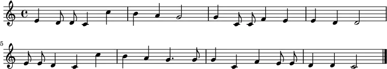 \new Staff <<
\clef treble \key c \major {
      \time 4/4 \autoBeamOff 
      \relative c' {
        e4 d8 d8 c4 c' | b a g2 | g4 c,8 c f4 e | e d d2 \break
        e8 e d4 c c' | b4 a g4. g8 | g4 c, f e8 e | d4 d c2 \bar "|."
      }
    }
>>
\midi { \tempo 2 = 78 }