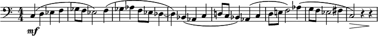 \language "english"
\relative c''
{ \clef "bass"  
      \numericTimeSignature
       \tempo 4 = 63
  \set Staff.midiInstrument=#"cello"
   \time 4/4
     \set Score.tempoHideNote = ##t
      
       \tieDown
      c,,4(\mf d4 ef4 f4    % 1
      gf8 f8 ef2) f4(       % 2
      gf4 af4 f8 ef8 df4 ~  % 3
      df4) bf4( af4 c      % 4
      d!8 c8 bf4) af4( c4   % 5
      d8 e!8 f2) af4(       % 6
      g8 f8 ef2 fs4         % 7
      c2)\> r4 r4 \!        % 8
}