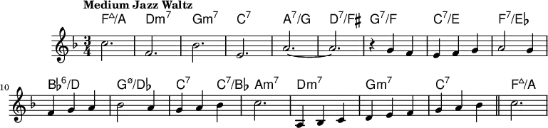 \version "2.22.0"
\header { tagline = "" }
global = {
  \time 3/4
  \key f \major
  \set Score.tempoHideNote = ##t
  \tempo "Medium Jazz Waltz" 4=160
  \set chordChanges = ##t
}
chordNames = \transpose c c, \chordmode {
  \global
  f'2.:maj7/a |
  d:m7 |
  g:m7 |
  c:7 |
  a:7/g |
  d':7/fis |
  g:7/f |
  c':7/e |
  f:7/es |
  bes:6/d |
  g:m7.5-/des |
  c2:7 c4:7/bes |
  a,2.:m7 |
  d:m7 |
  g:m7 |
  c:7 |
  f':maj7/a
}
melody = \relative c'' {
  c2. |
  f, |
  bes |
  e, |
  a~ |
  a |
  r4 g f |
  e f g |
  a2 g4 |
  f g a |
  bes2 a4 |
  g a bes |
  c2. |
  a,4 bes c |
  d e f |
  g a bes |
  \bar "||"
  c2. |
}
\score {
  <<
    \new ChordNames \chordNames
    \new Staff {
      \global
      \melody
    }
  >>
  \layout { }
}
\score {
  \unfoldRepeats
  <<
    \new ChordNames \chordNames
    \new Staff {
      \global
      \melody
    }
  >>
  \midi { }
}
