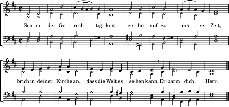 % from https://www.online-orgelbuch.de/s%C3%A4tze – 481 four-voice brass
\header { tagline = ##f }
\layout { indent = 0 \context { \Score \remove "Bar_number_engraver" } }
global = { \key d \major \time 2/2 }
soprano = \relative c' { \global \set Staff.midiPanPosition = -0.5 \set midiInstrument = "flute"
d2 d | a' d | cis4 (b8 a b4) b | a1 |
b2 b | cis b | a4 (b a) g | fis1 |
fis4 e fis g | a a d,2 |
fis4 e fis d | cis d e \breathe g | fis2 e | d1 \bar "|."
}
alto = \relative c' { \global \set Staff.midiPanPosition = 0.5 \set midiInstrument = "oboe"
a2 a | e' d | e2. d4 | cis1 |
e2 e | e d | e cis | d1 |
cis2 d | e4 cis d2 |
cis d | a a4 cis | d2. cis4 | a1 \bar "|."
}
tenor = \relative c { \global \set Staff.midiPanPosition = -1 \set midiInstrument = "english horn"
fis2 fis | a fis | a2. gis4 | a1 |
gis2 b | a2 fis4 gis | e2 a | a1 |
a2 a | a fis |
a2 a4 gis | a2 e4 a | d, a' b a | fis1 \bar "|."
}
bass = \relative c { \global \set Staff.midiPanPosition = 1 \set midiInstrument = "bassoon"
d2 d | cis b | cis e | a,1 |
e'2 gis, | a b | cis a | d1 |
a2 d | cis4 a b2 |
a2 d4 b | fis'2 cis4 a | b fis g a | d1 \bar "|."
}
verse = \lyricmode {
Son -- ne der Ge -- rech -- tig -- keit,
ge -- he auf zu uns -- rer Zeit;
brich in dei -- ner Kir -- che an,
dass die Welt es se -- hen kann.
Er -- barm dich, Herr.
}
\score {
\new ChoirStaff <<
\new Staff
<<
\new Voice = "soprano" { \voiceOne \soprano }
\new Voice = "alto" { \voiceTwo \alto }
>>
\new Lyrics
\lyricsto "soprano" \verse
\new Staff
<<
\clef bass
\new Voice = "tenor" { \voiceOne \tenor }
\new Voice = "bass" { \voiceTwo \bass }
>>
>>
\layout { }
}
\score { << \soprano \\ \alto \\ \tenor \\ \bass >>
\midi { \tempo 2=84
\context { \Score midiChannelMapping = #'instrument }
\context { \Staff \remove "Staff_performer" }
\context { \Voice \consists "Staff_performer" }
}
}