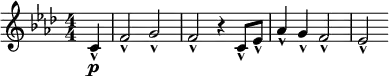 \relative c' { \clef treble \numericTimeSignature \key f \minor \time 4/4
  \partial 4*1 c\p-^ | f2-^ g-^ | f-^ r4 c8-^ ees-^ | aes4-^ g-^ f2-^ | ees-^ }